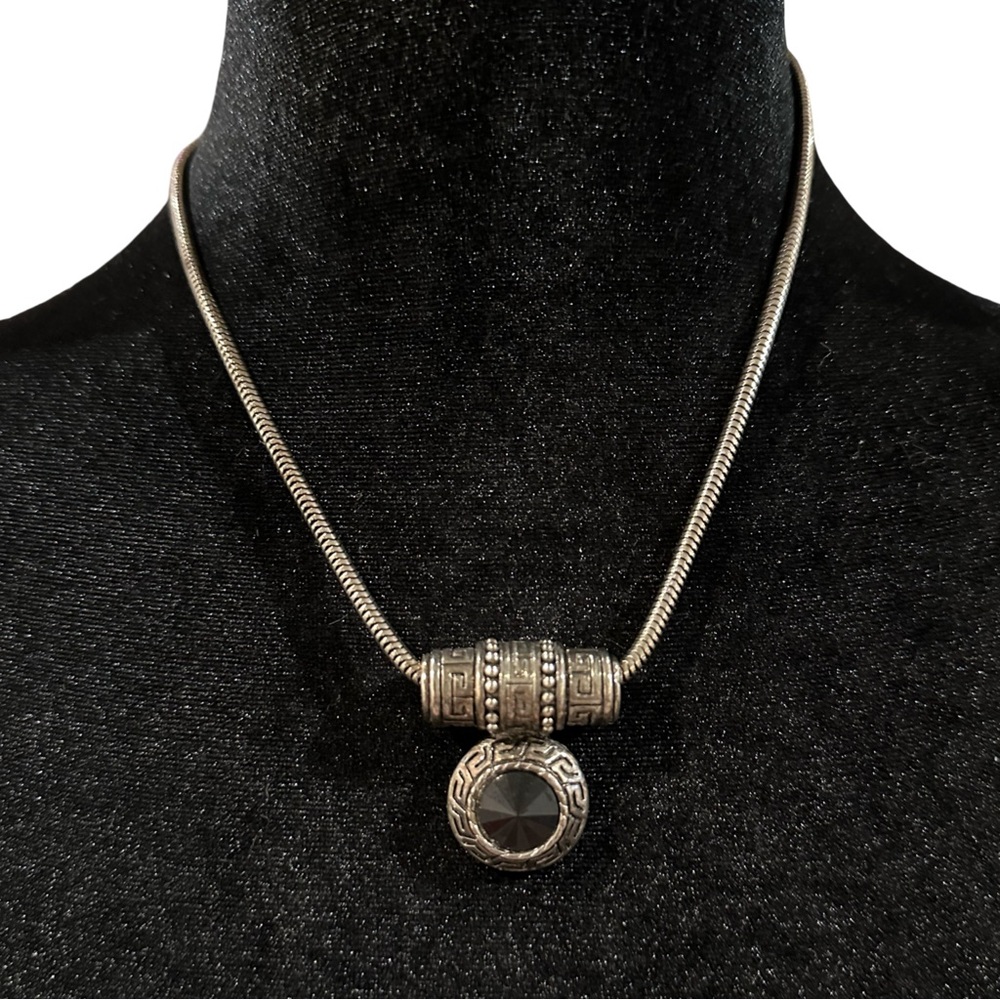 Pendant Necklace Antique Silver Tone Black Center 18 Inch Length
